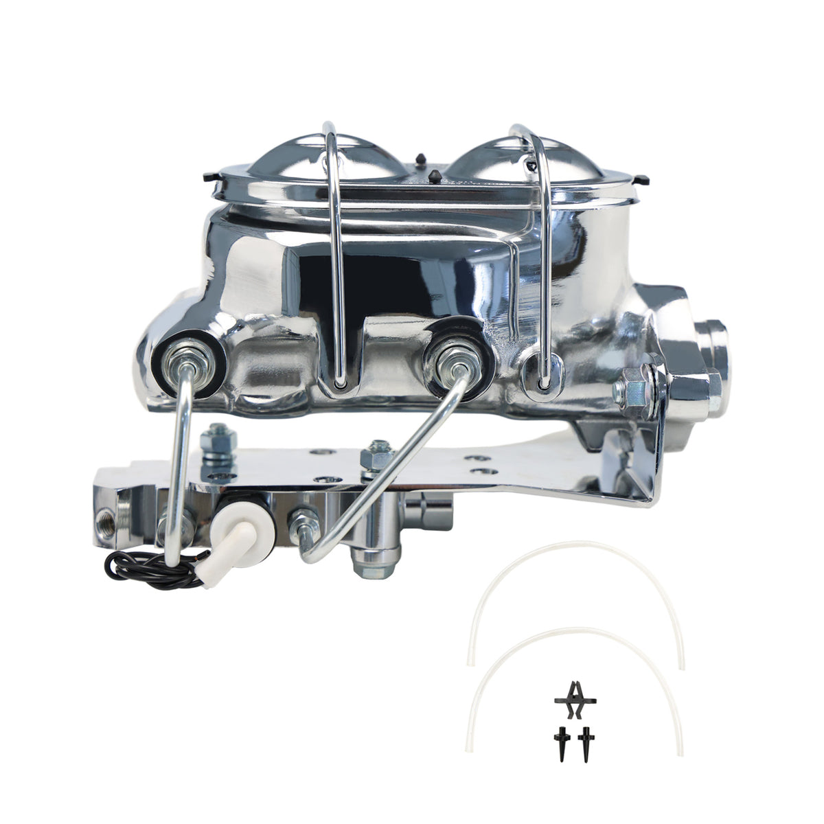 Universal Chrome 1-1/8'' Bore Dual Bail Master Cylinder w/Left Mount Proportioning Valve Kit, Disc/Disc