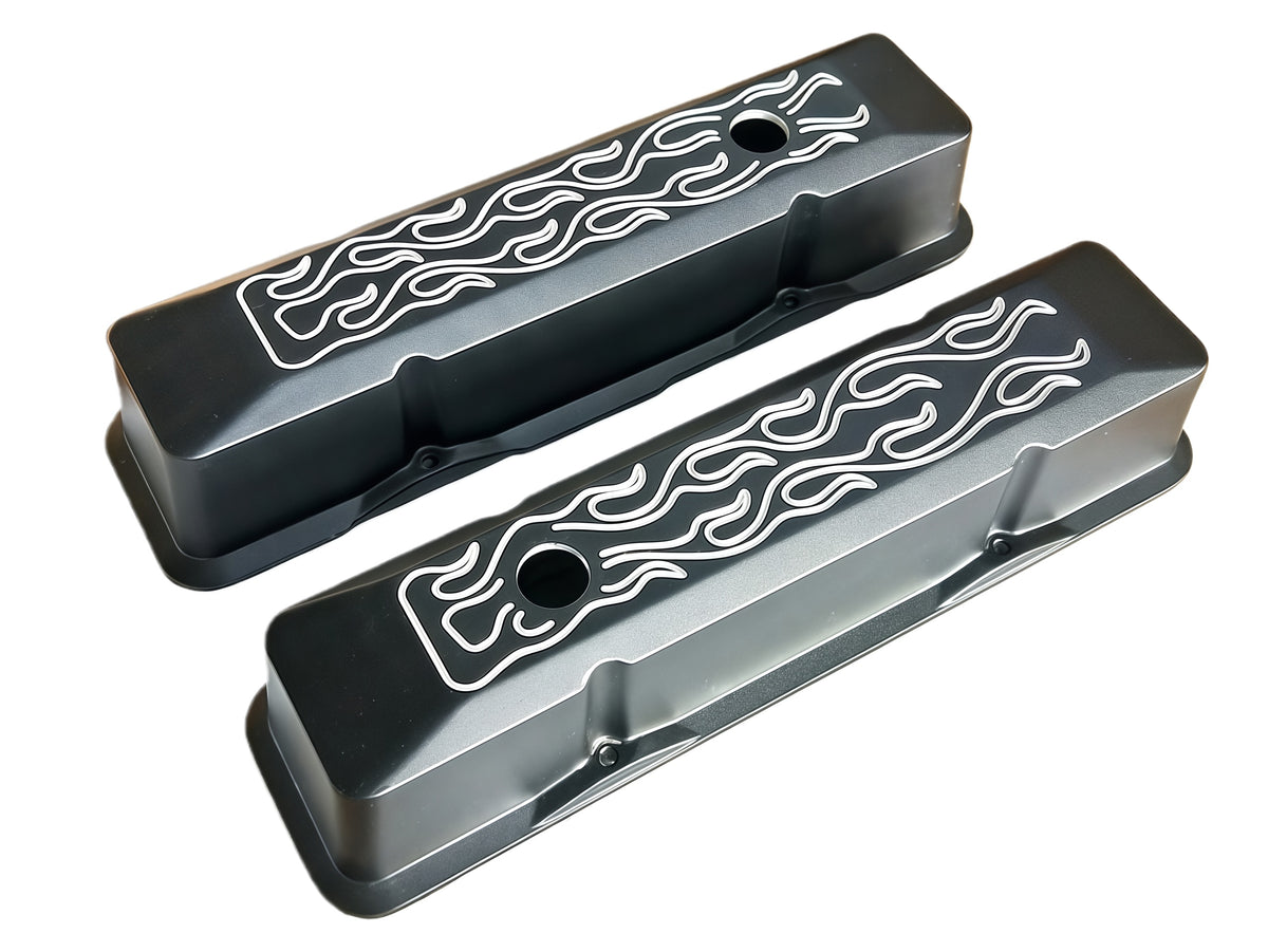 Tall Aluminum Smooth/Ball Milled/Flame Valve Cover 1958-86 SBC 283 350 Retro w/ Hole