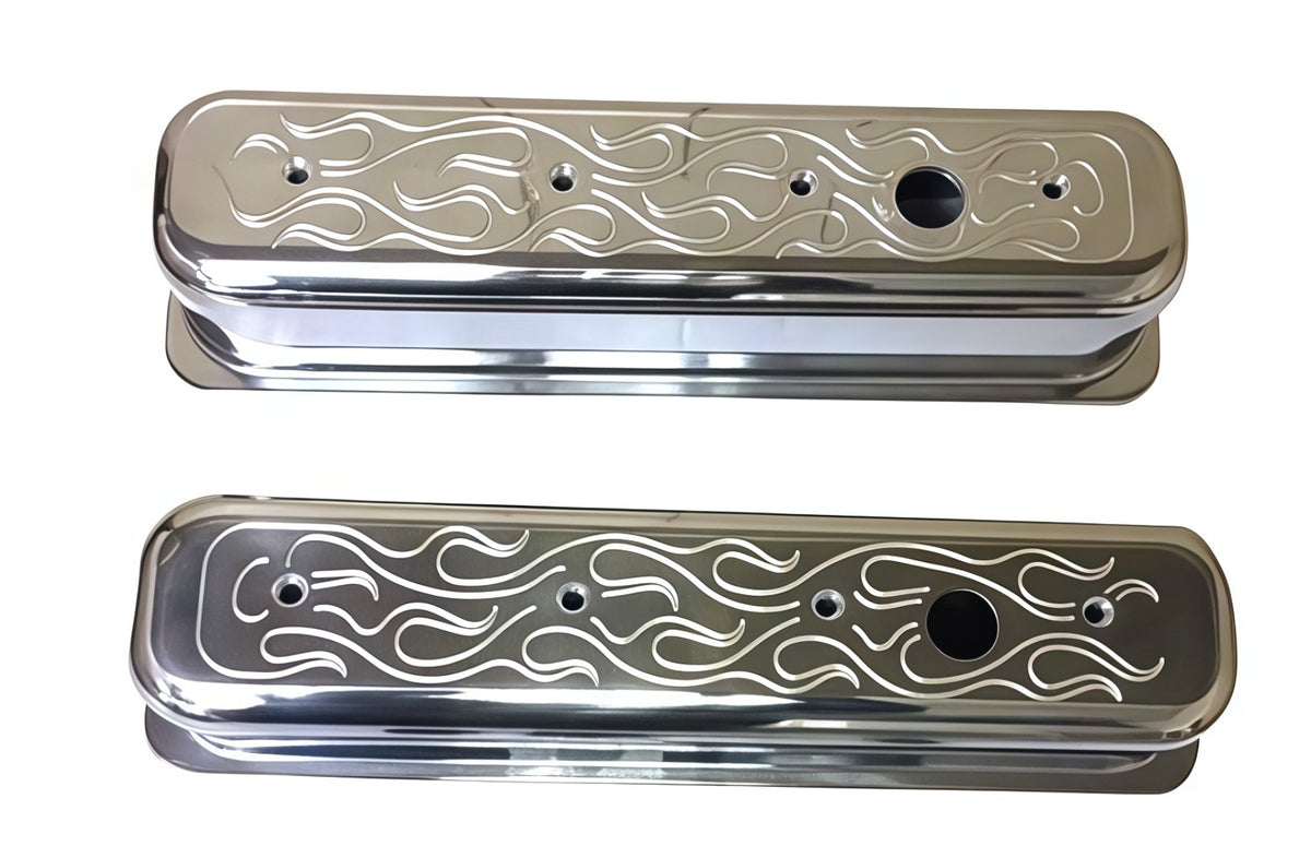 Tall/Short Aluminum Flame Valve Cover 1987-97 SBC 305-350 Center Bolt w/ Hole
