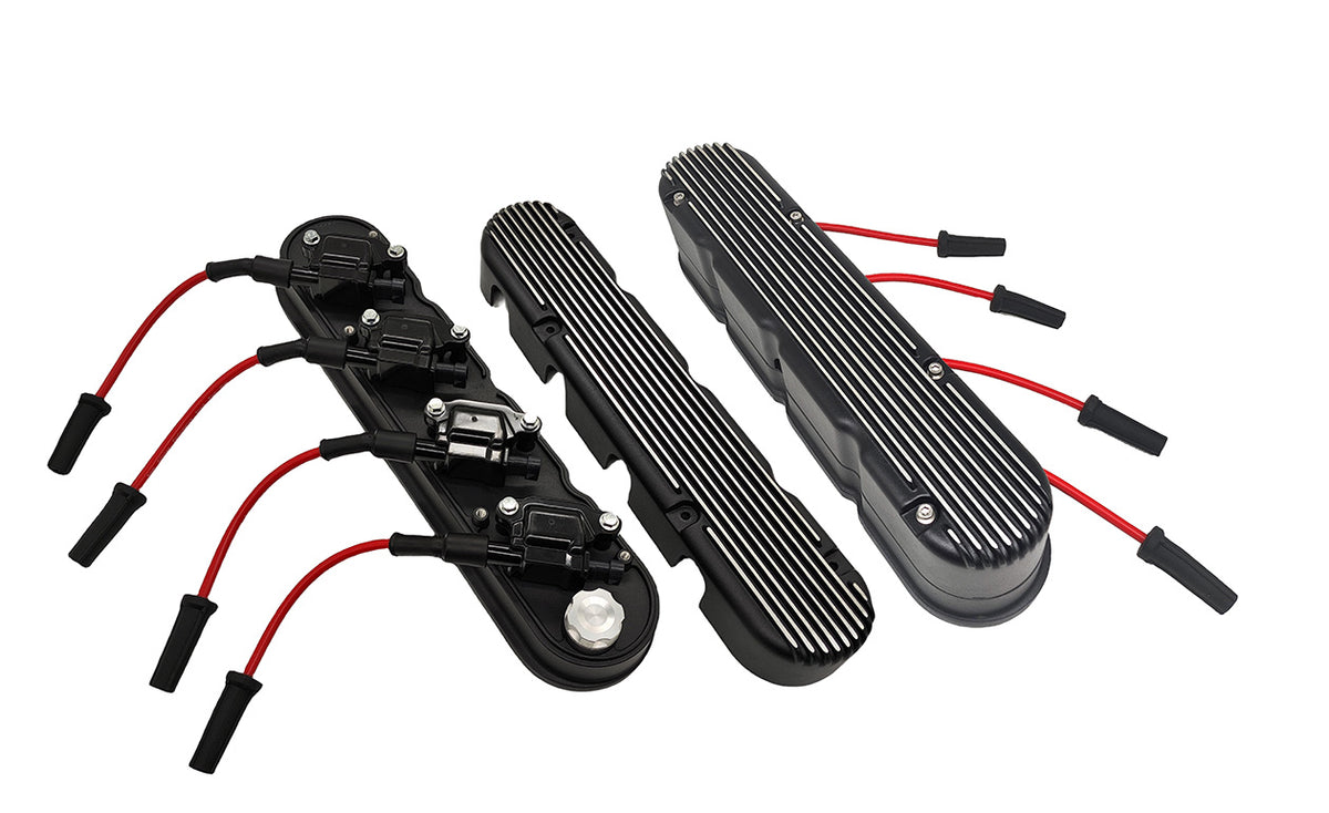 GM LS SBC Finned Cast Aluminum 2 PC Valve Covers w/ Ignation Coil & Spark Plug Wires