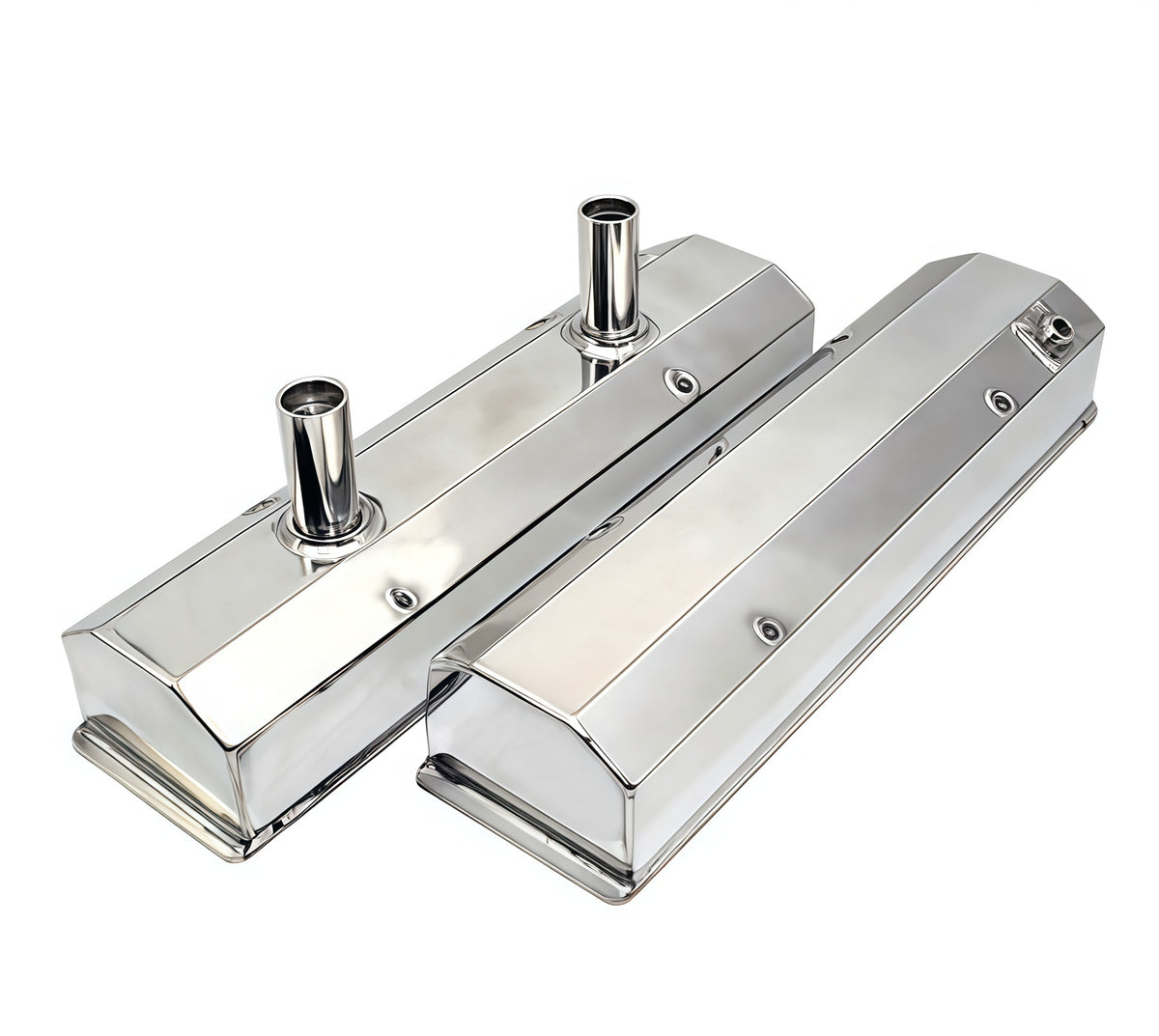 1958-87 SBC Fabricated Tall Aluminum Circle Track Valve Cover Long Bolts Silver Anodized