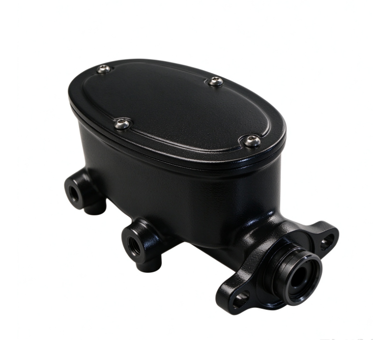 Universal Cast Aluminum Oval Tandem Master Cylinder 1" Bore, 9/16" & 1/2" Ports on Left Side