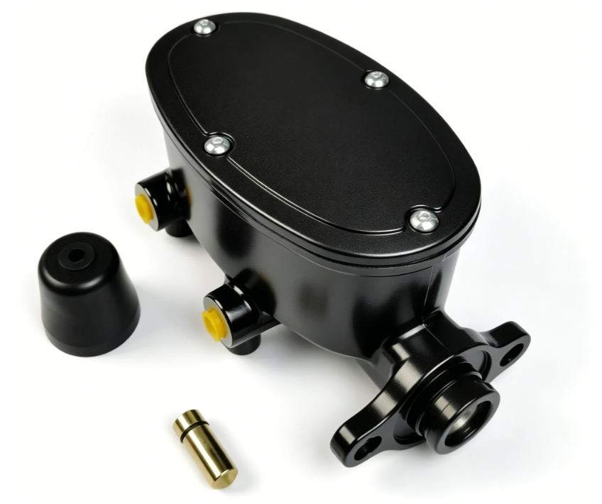 Universal Cast Aluminum Oval Tandem Master Cylinder 1" Bore, 9/16" & 1/2" Ports on Left Side