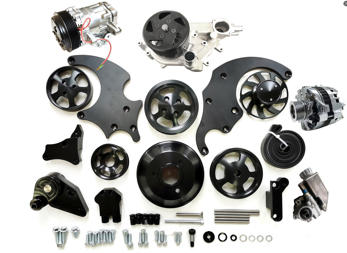 LS Serpentine Front Drive Kit， w/ A/C Compressor， Water Pump， Alternator， Steering Pump，Two Pieces Main Plate